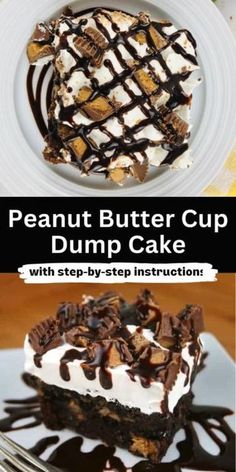 three different desserts with the words peanut butter cup and dump cake