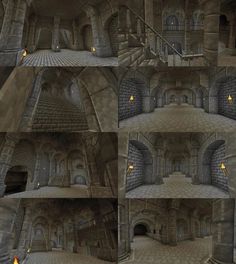 several different images of a castle with stairs