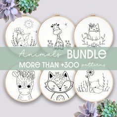 four embroidery hoops with animals on them and the words, animal bundle more than 350 patterns