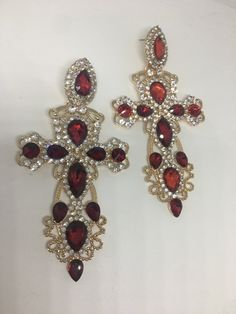 Glamour Jewelry, Gothic Cross, Gothic Crosses, Personalized Gift Tags, Jewelry Statement, Red Rhinestone, Red Cross, Red And Gold, Statement Earrings