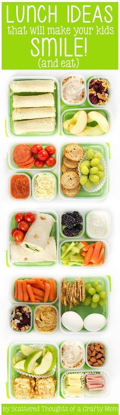 an assortment of food in plastic containers on a white background with text overlay that says,