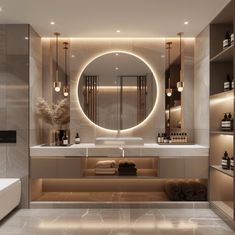 a bathroom with a sink, mirror and bathtub in the middle is illuminated by lights