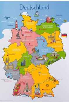 an illustrated map of germany with all the major cities and towns in bright colors, including lighthouses