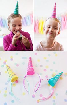 two girls wearing party hats and unicorn ears