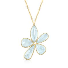 Ross-Simons - C. 1980 Vintage 23.05ct t. w. Aquamarine Flower Necklace. 16". C. 1980. Presented by our Estate collection, this scintillating necklace has an all-around rejuvenating effect with its cool blue hue and abstract design. The asymmetrical flower sprouts exotic petals, comprised of 23.05 ct. t. w. marquise and pear-shaped aquamarine gems, in simple settings of 14kt yellow gold. Suspends from a cable chain. Lobster clasp, aquamarine flower necklace. Exclusive, one-of-a-kind Estate Jewelry. Aquamarine birthstones are the perfect gift for March birthdays. Aquamarine Birthstone, Aquamarine Gem, Abstract Flowers, Flower Necklace, Blue Hues, Estate Jewelry, Cable Chain, Pear Shaped, Sprouts