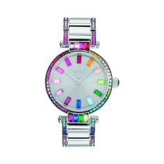 Coach with 34MM Silvertone Round Dial Stainless Steel Watch Band. Cary 14503835 Coach Watch, Rainbow Crystal, Women's Watch, Stainless Steel Watch, Jewelry Rings Engagement, Color Crystal, Stainless Steel Bracelet, Bracelet Designs, Quartz Movement