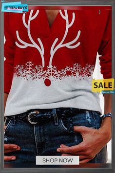 Christmas Elk Print Long Sleeve Lapel T-shirt & Top Casual V-neck T-shirt For Winter, Red Letter Print Top For Winter, Winter Red Top With Graphic Print, Red Winter Top With Graphic Print, Winter Short Sleeve Tops With Letter Print, Red Graphic Print Top For Winter, Short Sleeve Tops With Letter Print For Winter, Red Short Sleeve Tops For Winter, Red Long Sleeve Christmas T-shirt