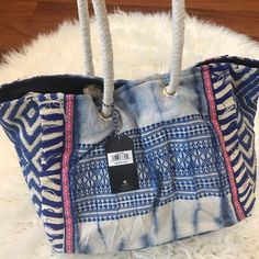 Brand Newsize 14 W X 11 H 8 D 100% Cotton Imported Tie Dye Boho Tote Blue Casual Hobo Bag With Double Handle, Casual Blue Hobo Bag With Double Handle, Blue Tote Bag For Vacation, Blue Bucket Bag For Beach, Blue Bucket Bag For The Beach, Blue Bucket Shoulder Bag For Beach, Blue Bucket Shoulder Bag For The Beach, Bohemian Blue Canvas Bag For Everyday Use, Blue Satchel Canvas Bag For Summer