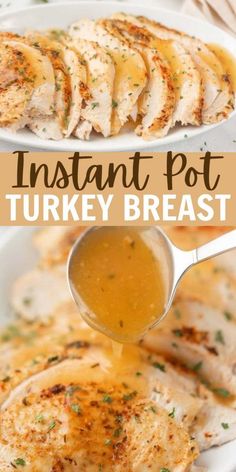 the instant pot turkey breast is being drizzled with gravy