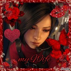 a girl with headphones and red roses in front of her is the words my wife