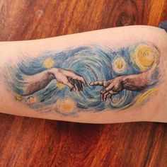 a tattoo on the arm of a person with two hands reaching out to each other