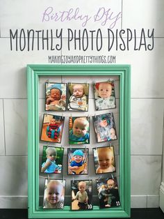 a green frame filled with photos on top of a counter