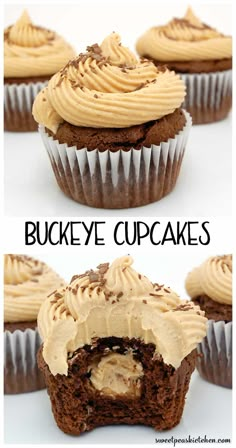 cupcakes with peanut butter frosting on top and the bottom one is cut in half