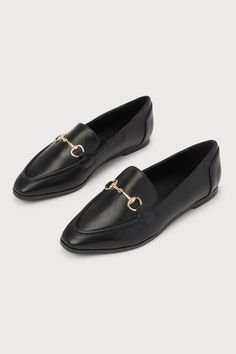 Dress to impress from head to toe with the Lulus Margote Black Horsebit Loafers! These chic loafers have a smooth faux leather construction that shapes a pointed toe upper, adorned with a shiny gold horsebit accent at the vamp, and a classic notched collar. Pair with your favorite trouser pants for an ultra-chic look! 0. 5" rubber heel. Cushioned insole. Rubber sole has nonskid markings. All Man Made Materials. Imported. Lulus | Margote Black Horsebit Loafers. Sleek Pointed Toe Slip-on Flats For Work, Elegant Pointed Toe Slip-on Flats For Work, Pointed Toe Flats With Metal Feet For Work, Pointed Toe Office Flats With Brogue Detailing, Workwear Pointed Toe Flats With Metal Feet, Workwear Flats With Metal Feet And Pointed Toe, Metal Feet Pointed Toe Flats For Work, Pointed Toe Slip-on Loafers With Metal Feet, Office Flats With Brogue Detailing