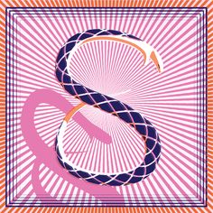 an illustration of a snake in the middle of a pink and orange frame with sunburst