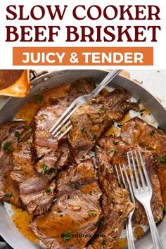 slow cooker beef brisket in a skillet with orange sauce and garnished with parsley