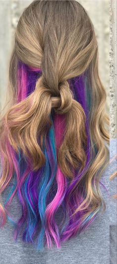 Purple Pink Underneath Hair, Hidden Mermaid Hair, Pink And Teal Peekaboo Hair, Summer Peekaboo Hair, Blue And Pink Peekaboo Hair, Bright Peekaboo Hair, Peekaboo Rainbow Hair Blonde, Peekaboo Mermaid Hair, Colorful Hair Underneath