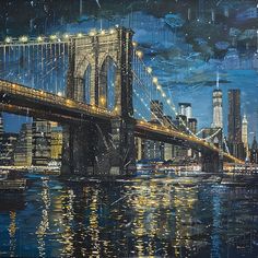 a painting of the brooklyn bridge at night