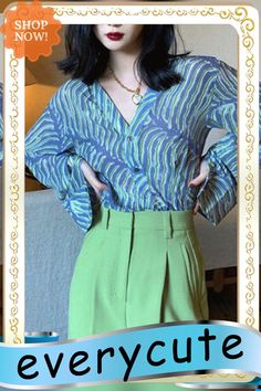 Bohemian Blue V Neck Striped Print Chiffon Shirt Top Spring Trendy Long Sleeve Blouse For Vacation, Green Printed Blouse For Party, Printed Green Blouse For Party, Trendy Blue Long Sleeve Blouse, Chic Long Sleeve Vacation Blouse, Trendy Long Sleeve Blue Blouse, Chic Long Sleeve Blouse For Vacation, Elegant Blue Shirt For Day Out, Green Summer Blouse For Office