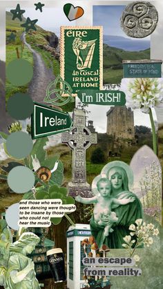 the collage is made up of many different pictures and words, including an irish cross