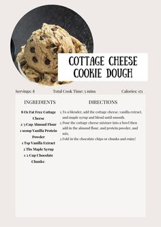 a recipe for cottage cheese cookie dough with chocolate chip cookies in the middle and on top