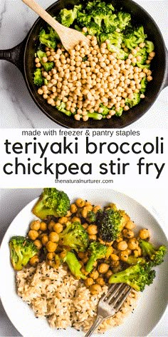 broccoli and chickpea stir fry in a skillet with text overlay