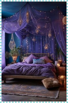 a bed with purple bedspread and lights hanging from the ceiling