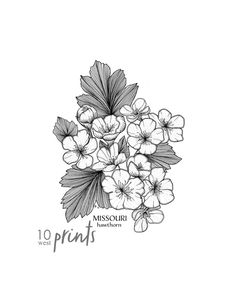 a bouquet of flowers with the words missour prints written in black ink on a white background