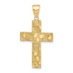 Material: Primary - Purity:14K|Length of Item:41.75 mm|Charm/Element Length:34 mm|Charm/Element Width:21.6 mm|Feature:Solid|Manufacturing Process:Casted|Material: Primary:Gold|Width of Item:21.6 mm|Product Type:Jewelry|Jewelry Type:Pendants & Charms|Sold By Unit:Each|Pendant/Charm Type:Themed|Texture:Textured|Profile Type:Textured Back|Bail Width:5.3 mm|Material: Primary - Color:Yellow|Bail Length:9 mm Cross Pendant Necklace Woman, Necklace Woman, Gold Nugget, Rose Jewelry, Block Style, Themed Jewelry, Gold Cross, Gold Polish, Cross Charms