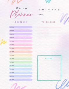 the daily planner with pastel colors and handwritten notes on it is displayed in front of a watercolor background