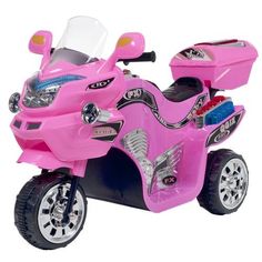 a pink toy motorcycle is shown on a white background