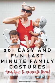 a woman in red shirt holding two children with text overlay saying 20 easy and fun last minute family costumes and how to recycle them