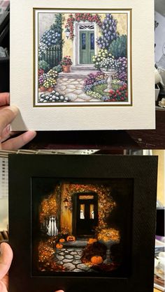 two pictures one with a door and the other with flowers on it, both are framed in black wood