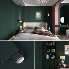 there are two pictures of a bedroom with green walls