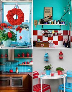 four different pictures with red and blue accents in the kitchen, dining area, and living room