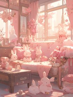 a living room filled with lots of pink furniture and stuffed animals sitting on the floor