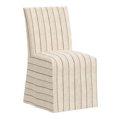 a white chair with striped fabric on the back and seat cover, in front of a white background