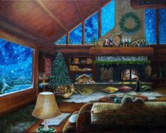 a painting of a living room filled with furniture and a christmas tree in the corner