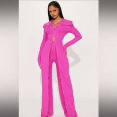 Nwt Fashionova Fuschia “Sort Through It” Stretch Ribbed Jumpsuit Double Front (2way) Zipper Wide Leg Invisible Zipper Is Back Button Area Cut Out Back Exaggerated Collar 95% Polyester 5% Spandex Size Small Fitted Two-piece Pantsuit For Party, Solid Color Fitted Two-piece Jumpsuits And Rompers, Fitted Two-piece Jumpsuits And Rompers For Party, Pink Fitted Pantsuit For Night Out, Fitted Long Sleeve Jumpsuits And Rompers Matching Set, Chic Fitted Matching Set Jumpsuits And Rompers, Two-piece Jumpsuits And Rompers For Night Out, Fitted Loungewear Jumpsuits And Rompers Matching Set, Fitted Solid Color Matching Set Bottoms