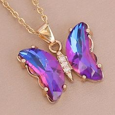 Gold & Purple Crystal Butterfly Necklace, New Statement Everyday Necklace, Gift Party Purple Clavicle Chain Necklaces, Purple Pendant Jewelry For Party, Purple Pendant Necklace For Mother's Day, Elegant Purple Butterfly Necklace For Gift, Elegant Purple Butterfly Necklace Gift, Purple Butterfly Charm Jewelry For Party, Purple Clavicle Chain Pendant Necklace, Crystal Butterfly Necklace, Crystal Butterfly