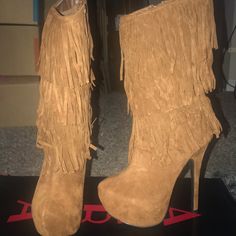 Brand New Brown Fringe Platform Heel Boots - Never Worn! Great Deal Beige Suede Party Boots, Brown Suede Party Boots, Brown Suede Boots For Party, Party Suede Brown Boots, Platform Heel Boots, Brown Fringe, Platform Heels Boots, Platform Heel, Shoes Brand