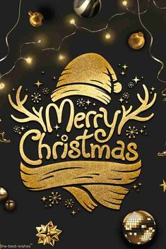 merry christmas with gold lettering surrounded by golden ornaments and lights on a black background that reads merry christmas