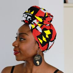 African Samakaka / Samacaca Headwrap made of African Super wax print fabric. Red / Yellow / Black / White / Angolan traditional tribal print fabric with blocks and geometrical / chevron shapes. Tribal design from Angola. ( Samacaca fabric ) Headwrap size: 72 inch x 22 inch( 183 cm x 56 cm ) All edges are seamed. This headwrap can be tied in many different styles. You can use different type of knots, ties, ribbons, wrap etc. To see some of these styles, check out our other head wraps for sale. Th Turban Scarf, Types Of Knots, Wax Print Fabric, Fabric Red, Scarf Headband, Wax Print, Print Fabric, Head Wraps, Yellow Black