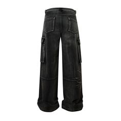 Black wide-leg jeans with a dramatic oversized silhouette. Features multiple large cargo pockets with snap button closures, adding a utilitarian edge. The jeans have a unique distressed design with white embroidered barbed wire patterns across the legs, creating an edgy, punk-inspired look. The denim has a worn, faded black wash for a vintage feel. The extreme wide-leg cut and long length result in a floor-sweeping hem. Combines avant-garde styling with gothic and industrial aesthetics for a bol Grunge Wide Leg Cargo Jeans With Five Pockets, Punk Style Wide Leg Jeans, Edgy Baggy Wide Leg Cargo Jeans, Alternative Style Baggy Wide Leg Jeans, Baggy Wide Leg Alternative Jeans, Punk Style Washed Black Jeans With Pockets, Punk Washed Black Jeans With Pockets, Baggy Wide Leg Distressed Cargo Pants, Baggy Distressed Wide Leg Cargo Pants