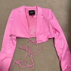 Brand New, Never Worn. Cropped. Tie Around Waist. Shoulder Pads. Pink Cropped Fitted Blazer, Fitted Cropped Pink Blazer, Pink Fitted Cropped Blazer, Pink Cropped Blazer For Spring, Zara Summer Party Outerwear, Zara Pink Party Outerwear, Pink Zara Party Outerwear, Pink Party Outerwear By Zara, Zara Pink Summer Outerwear