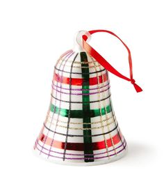 a christmas ornament with a red ribbon around it's neck and a plaid design on the front