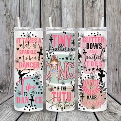 three personalized tumbles with different designs on them, one is pink and the other is white