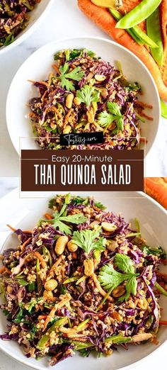 two white plates filled with different types of salads on top of each other and the words easy 20 minute thai quinoa salad