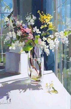 a painting of flowers in a vase on a window sill with sunlight coming through the windowsill