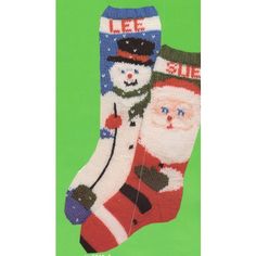 two christmas socks with santa claus and snowman on them, one is wearing a hat